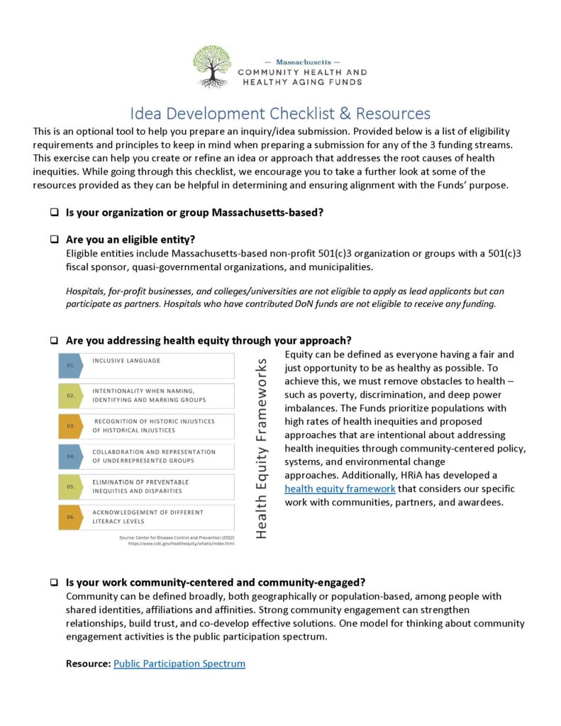 Idea Development Checklist & Resouces. This is also listed as a word document in the Request for Idea document. 